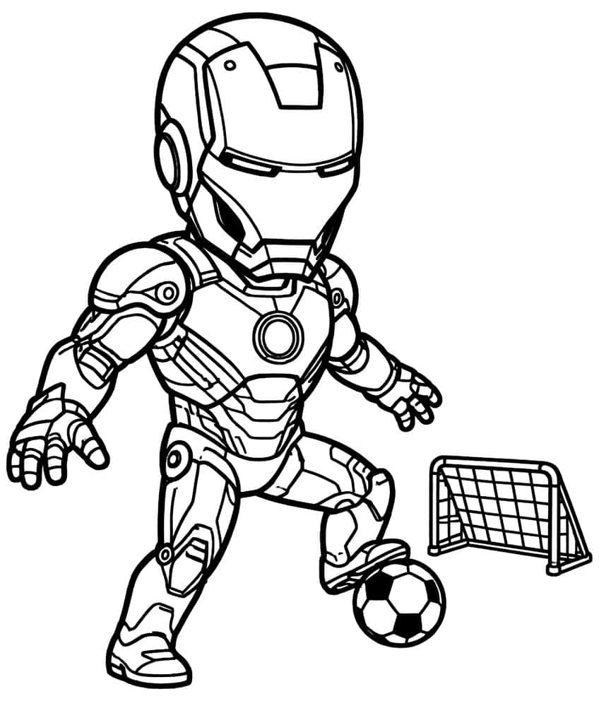 Chibi Iron Man in armor with his foot on a soccer ball beside a small net goal