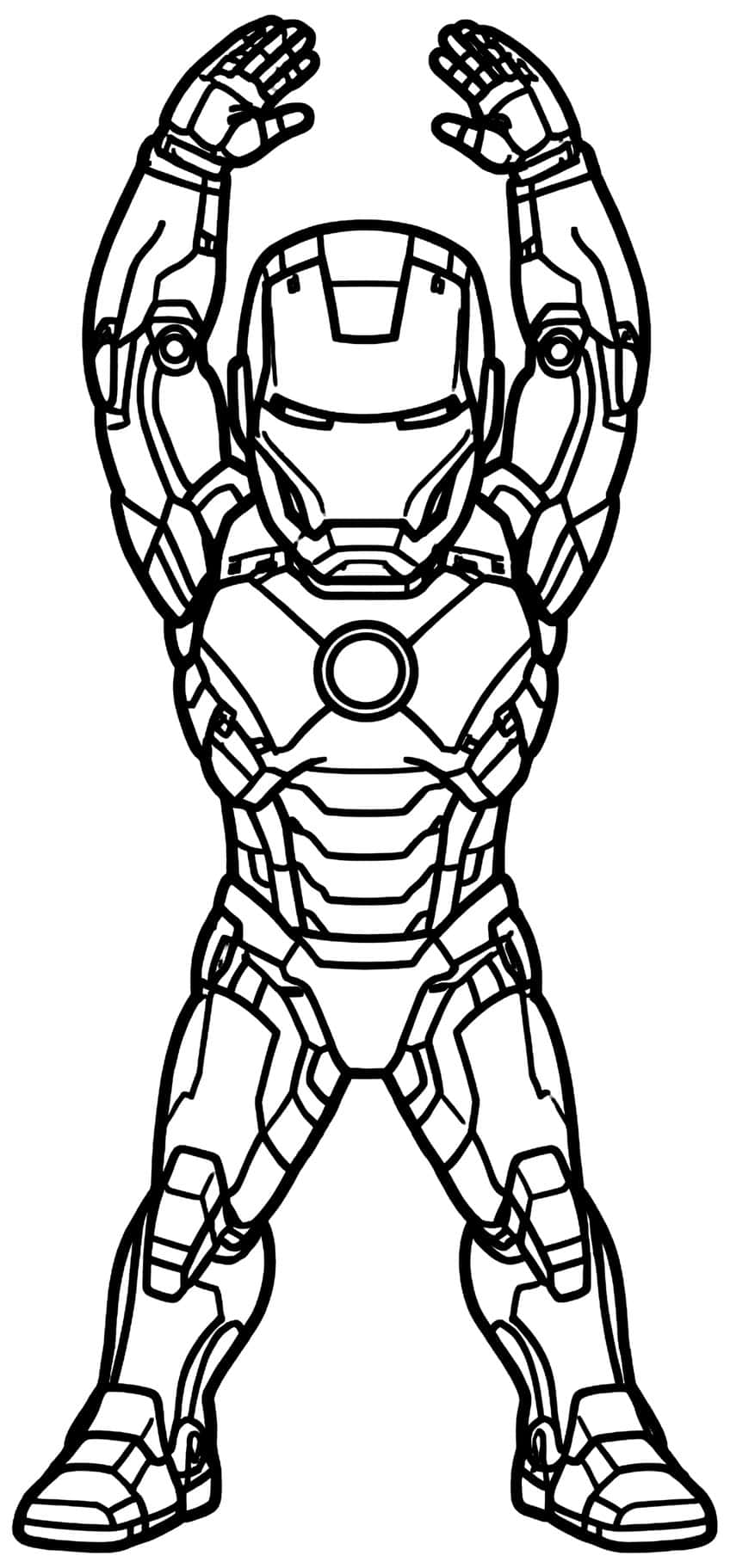 Iron Man standing with arms raised overhead, arc reactor on chest, legs apart, on a plain background