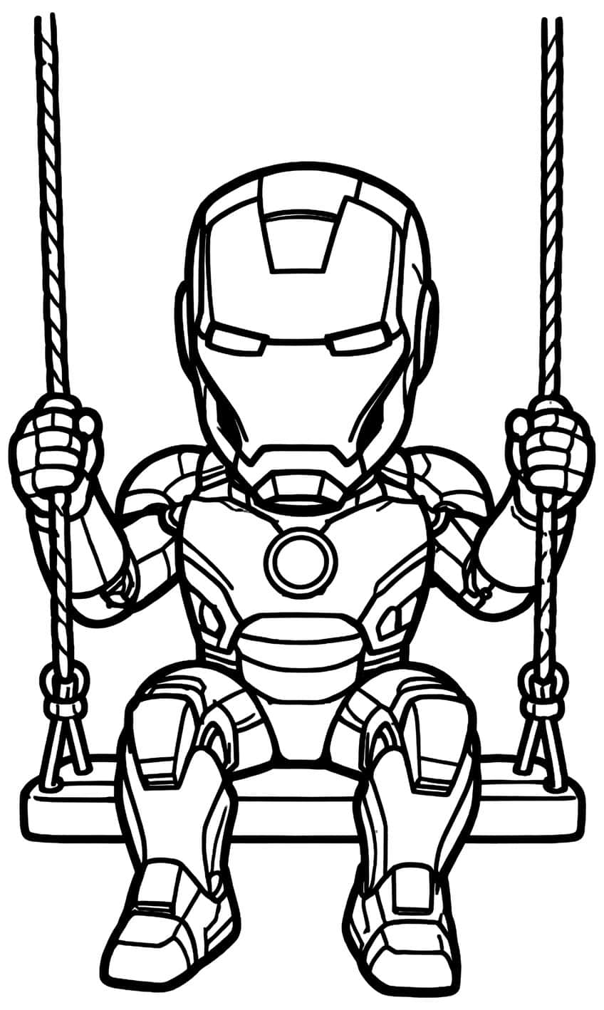 Chibi Iron Man in armor sitting on a wooden rope swing, holding both ropes, with arc reactor on his chest