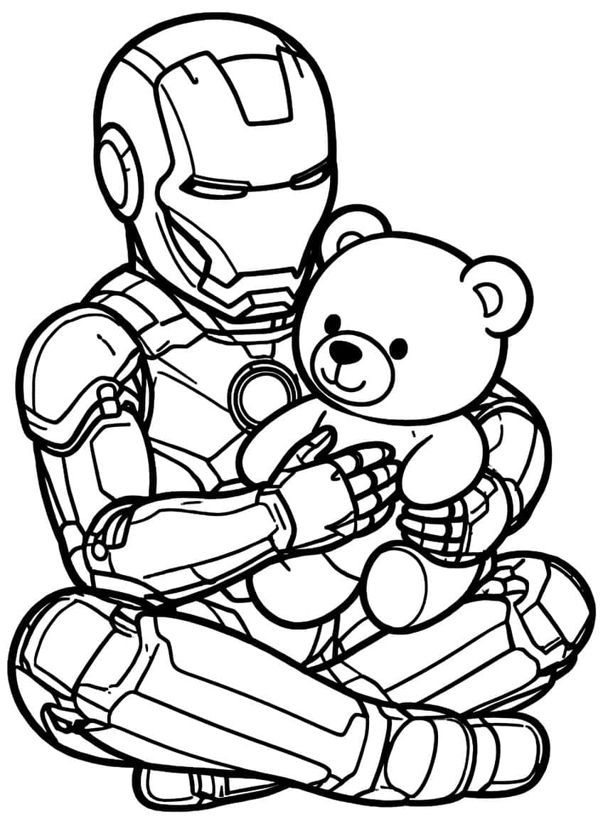 Iron Man sitting cross-legged and holding a smiling teddy bear in his arms