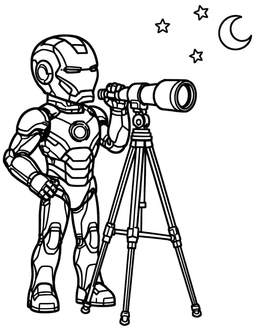 Iron Man with a telescope on a tripod, three stars and a crescent moon