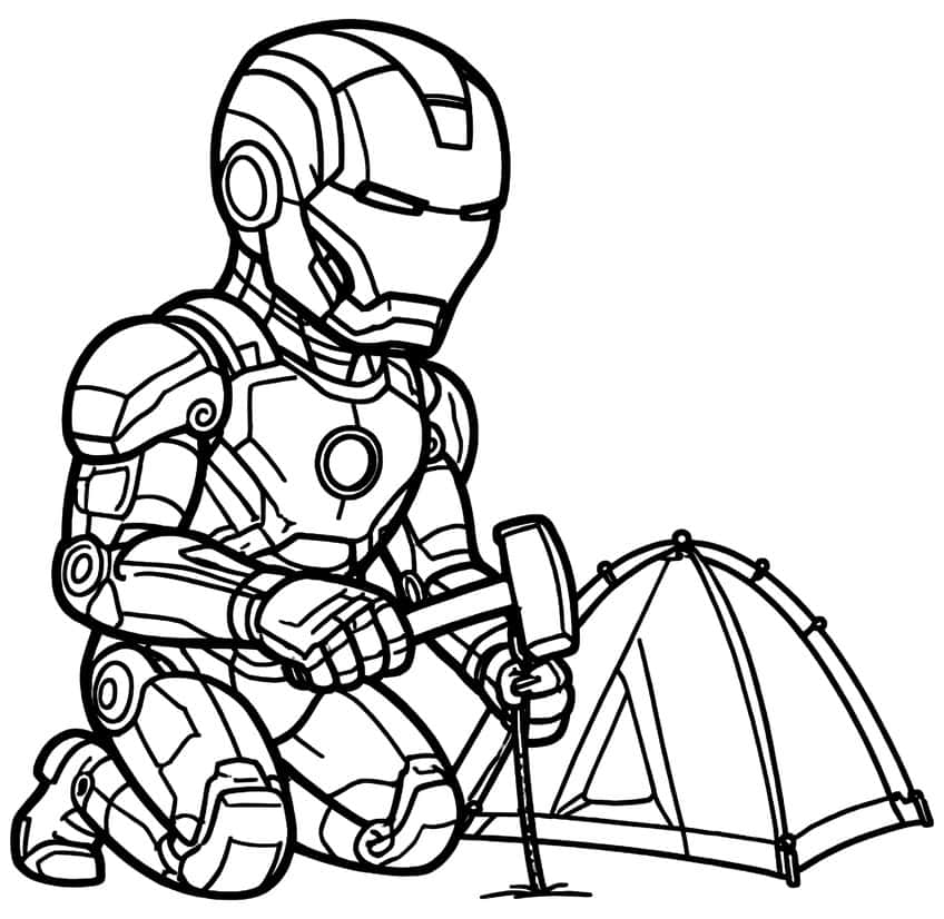 Kneeling chibi Iron Man hammering a stake next to a small dome tent