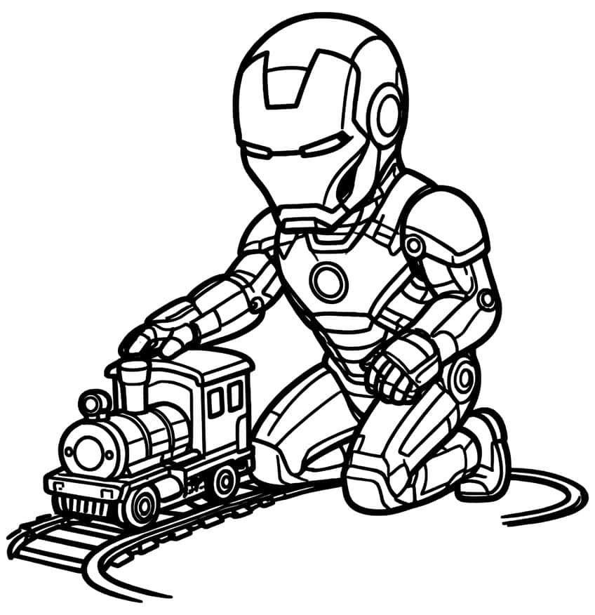 Iron Man kneeling and touching a toy steam locomotive on curved railway track