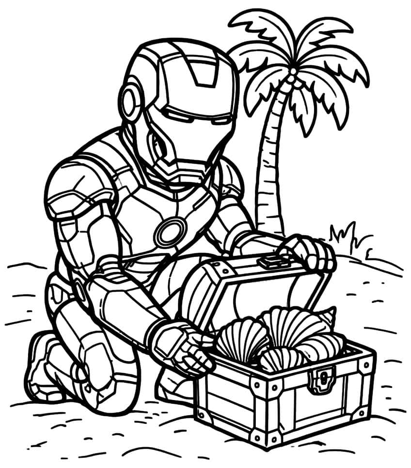 Iron Man kneeling on sand opening a treasure chest of seashells beside a palm tree