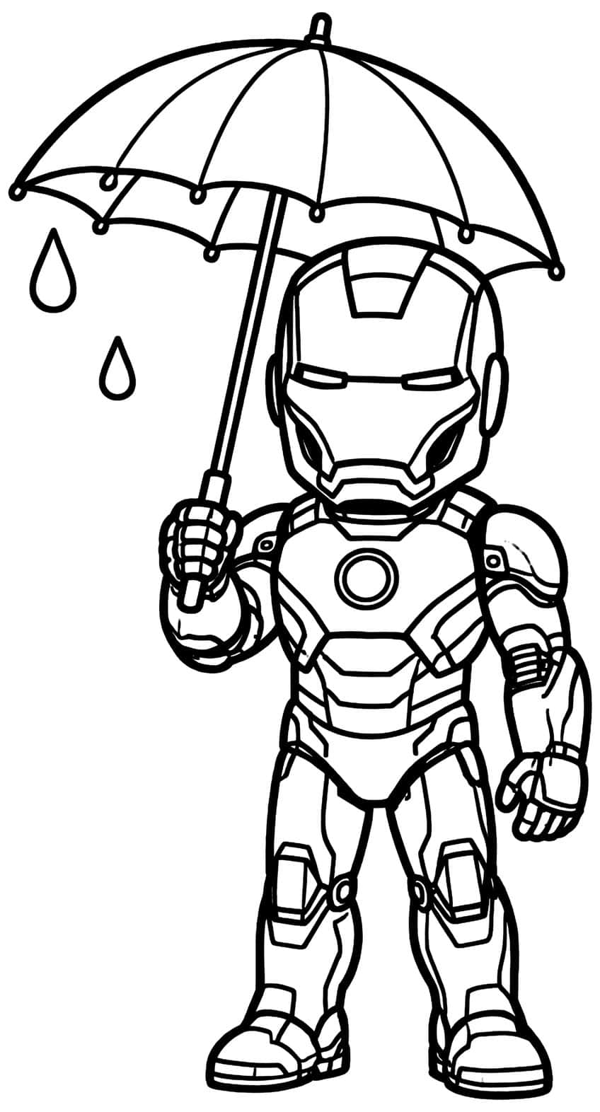 Iron Man standing with an open umbrella, two raindrops beside him, arc reactor on his chest