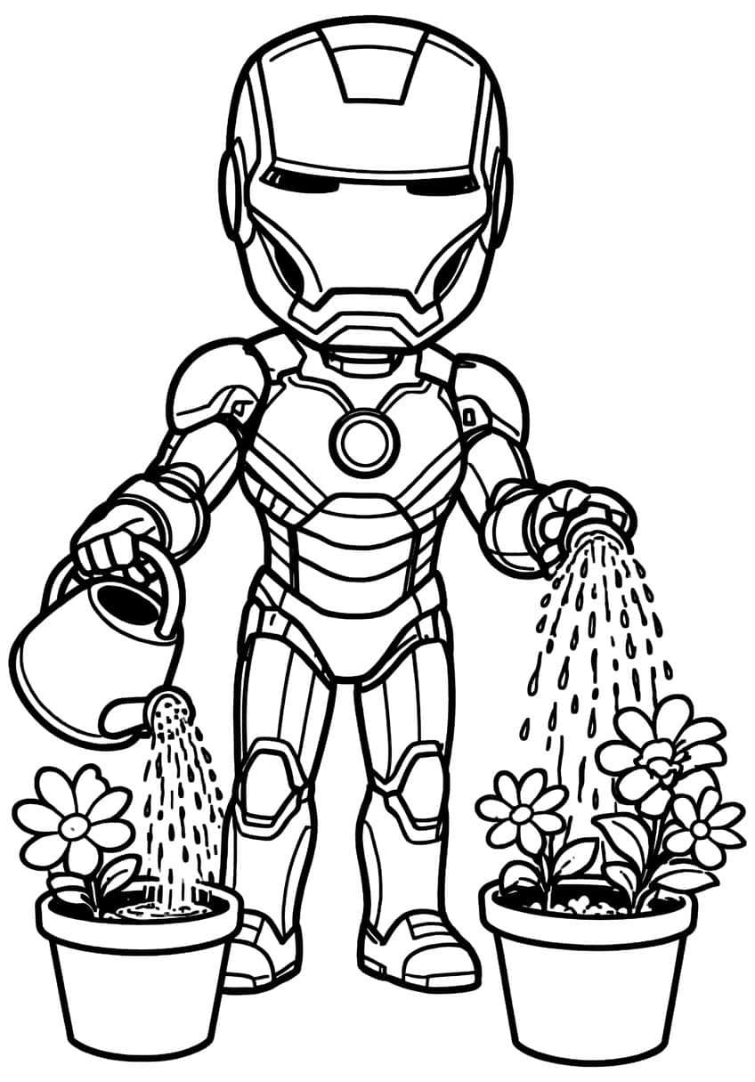 Chibi Iron Man with a watering can and two flowerpots with daisies