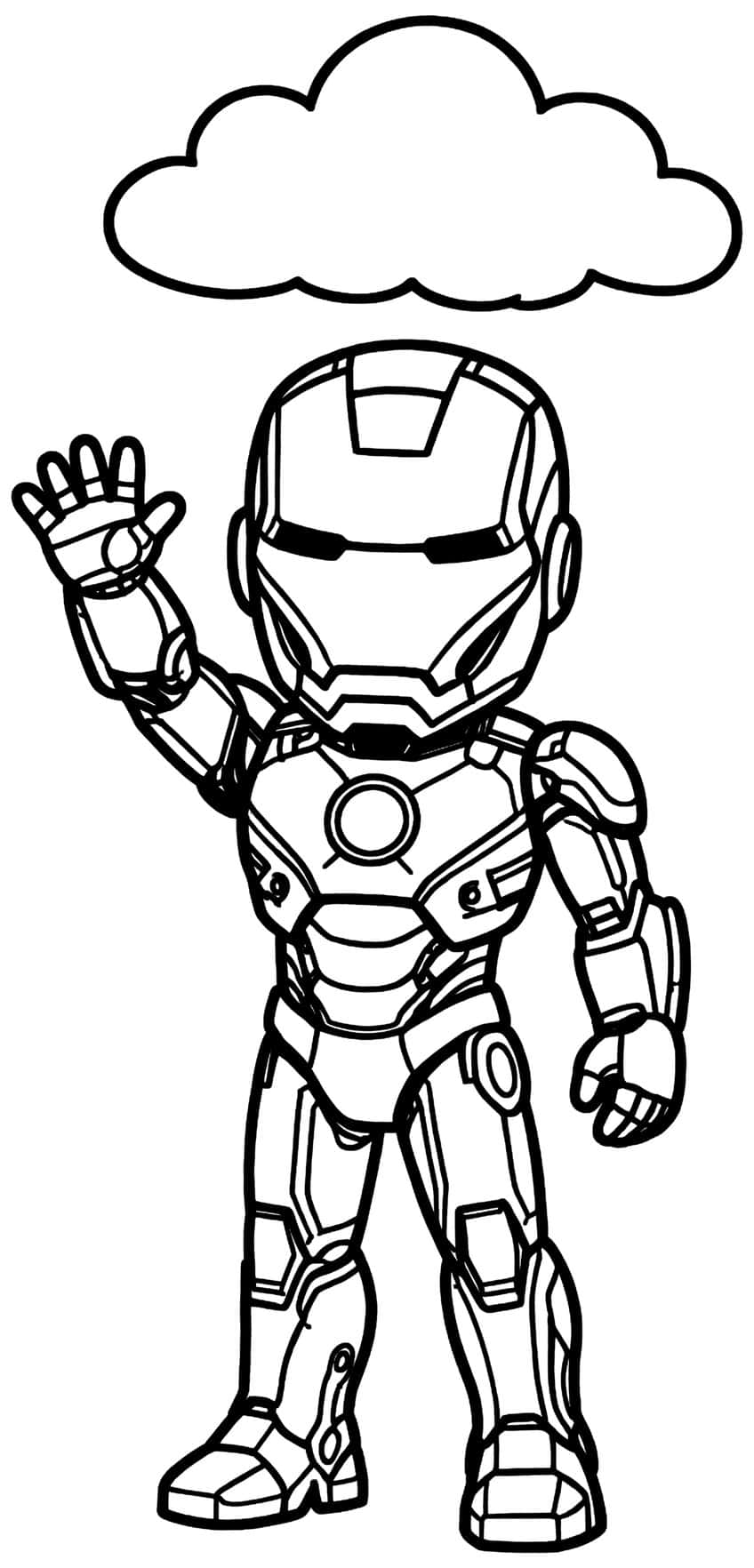 Outline of a chibi Iron Man waving with one hand, arc reactor on chest, cloud above
