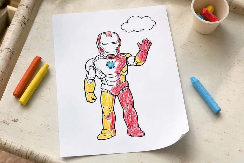 iron man coloring page partly colored in with pencils