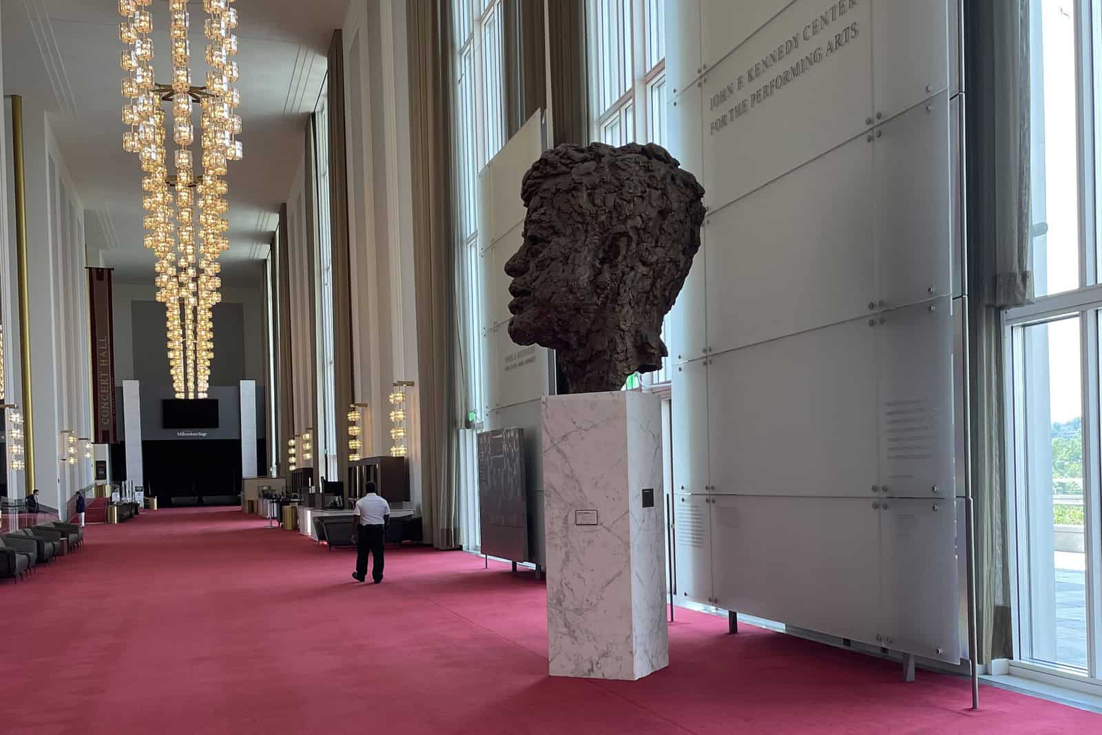 Robert Berks’s large bronze bust of John F. Kennedy rises above its pedestal in the Kennedy Center’s Grand Foyer.