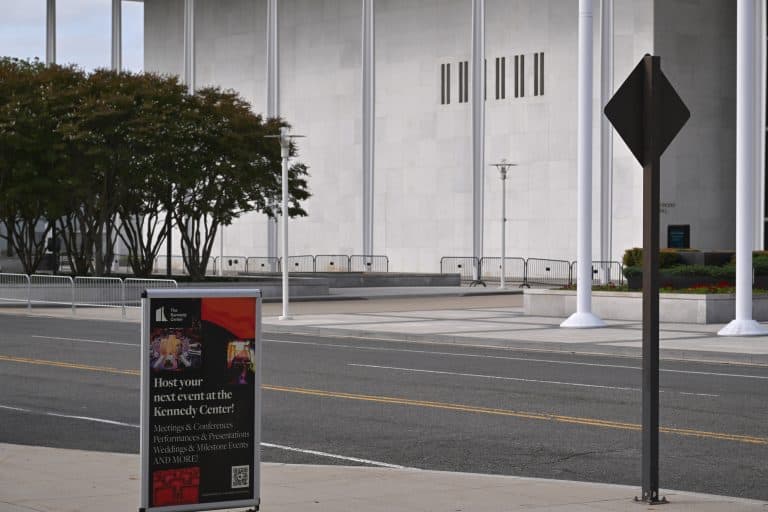 The closed Kennedy Center stands behind temporary barricades in Washington on September 21, 2026.