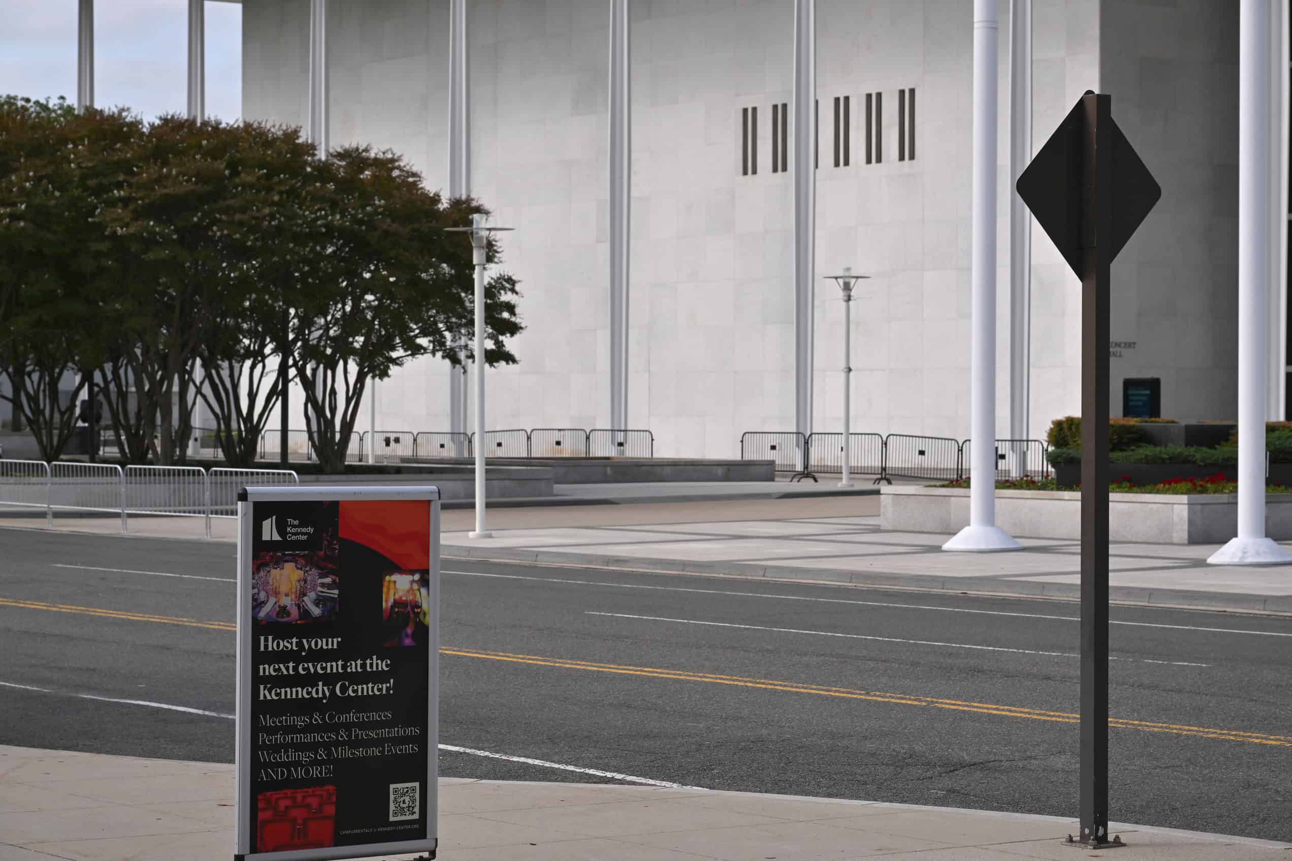 The closed Kennedy Center stands behind temporary barricades in Washington on September 21, 2026.