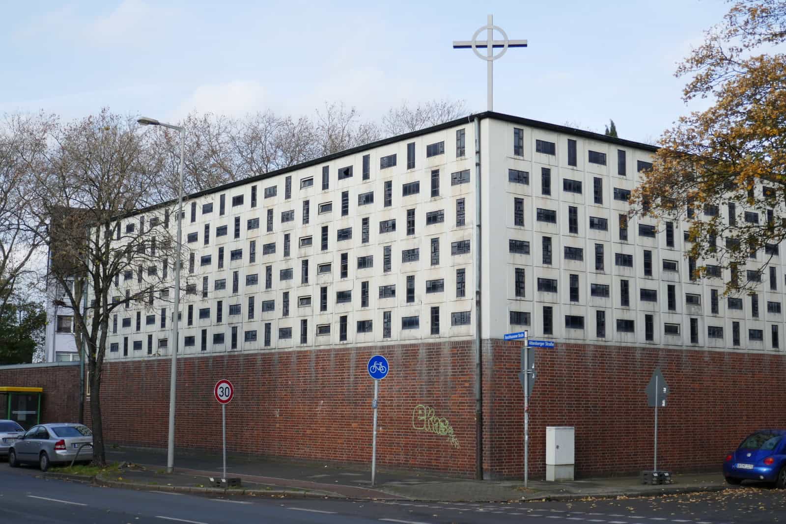 Brick exterior of the former Heilige Familie church in Oberhausen.