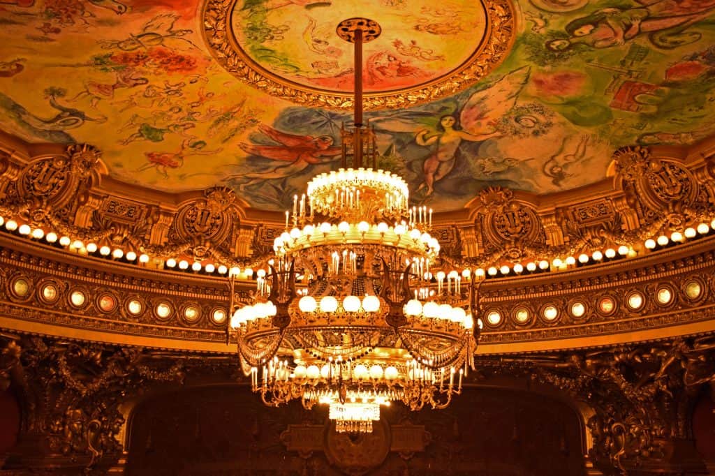 Marc Chagall’s colorful painted ceiling surrounds the central chandelier above the gilded Palais Garnier auditorium.