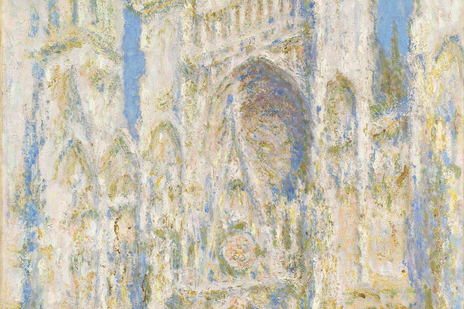 Claude Monet’s Rouen Cathedral, West Façade, Sunlight renders the stone portal in layered cream, gold, and blue-violet paint.