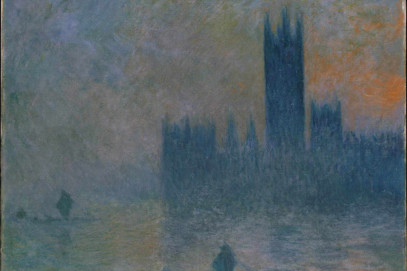 Claude Monet’s Houses of Parliament appears as a violet silhouette reflected in the Thames beneath an orange fog.