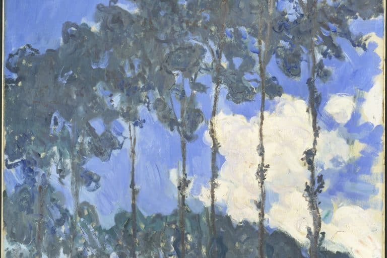 Claude Monet’s Poplars on the River Epte shows a curving row of tall trees reflected in pale water.