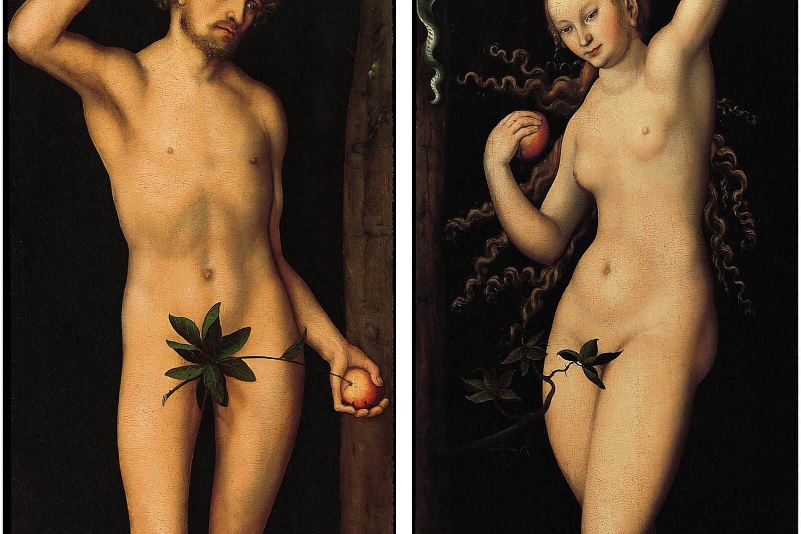Lucas Cranach the Elder’s paired paintings show Adam and Eve standing on either side of the Tree of Knowledge against dark backgrounds.