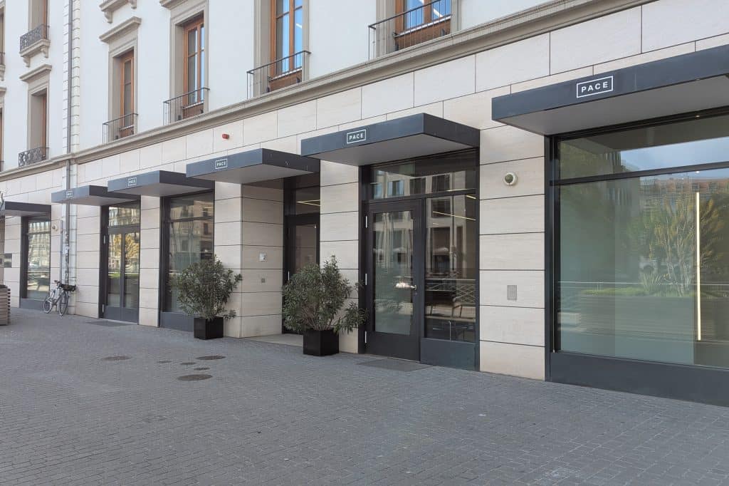 The exterior of Pace Gallery in Geneva stands beside the Rhône River.