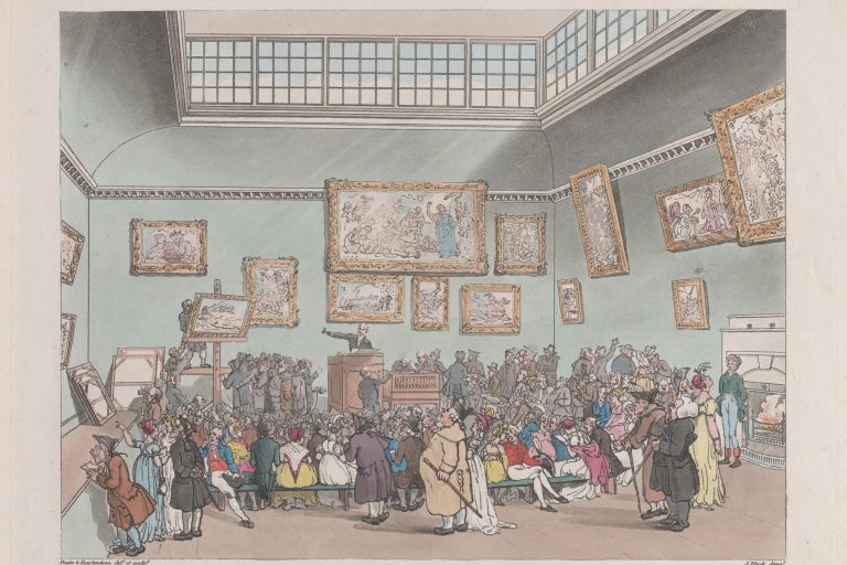 A hand-colored 1808 print shows a crowded sale inside Christie’s auction rooms in London.