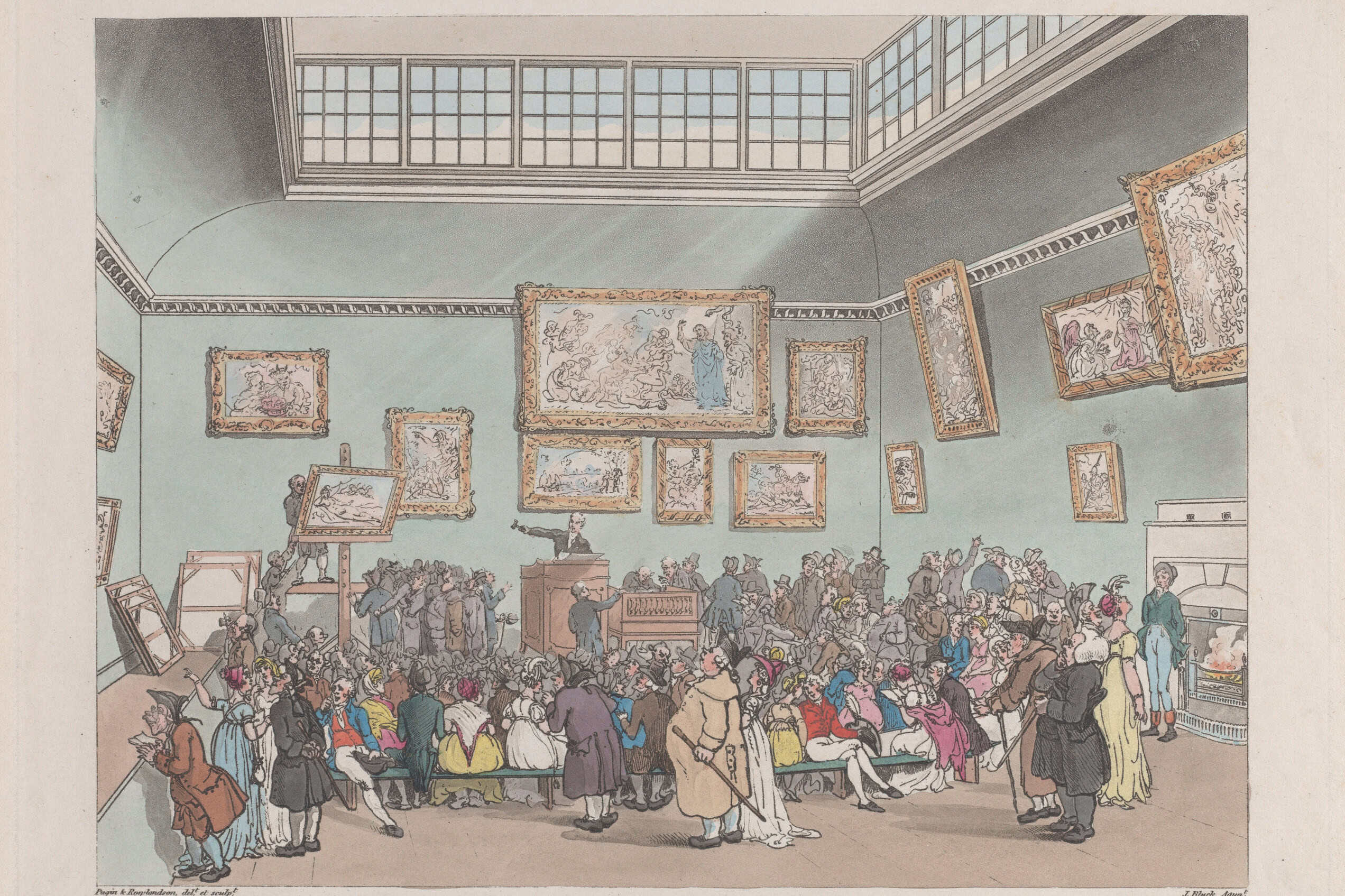 A hand-colored 1808 print shows a crowded sale inside Christie’s auction rooms in London.