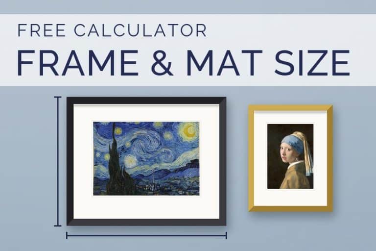 Picture frame and mat size calculator with framed paintings and measurement lines