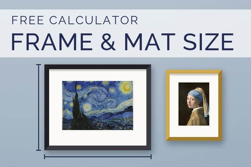 Picture frame and mat size calculator with framed paintings and measurement lines