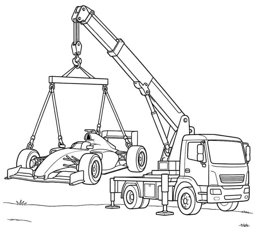 Crane truck lifting a formula race car with straps and a spreader beam, outriggers down on grass