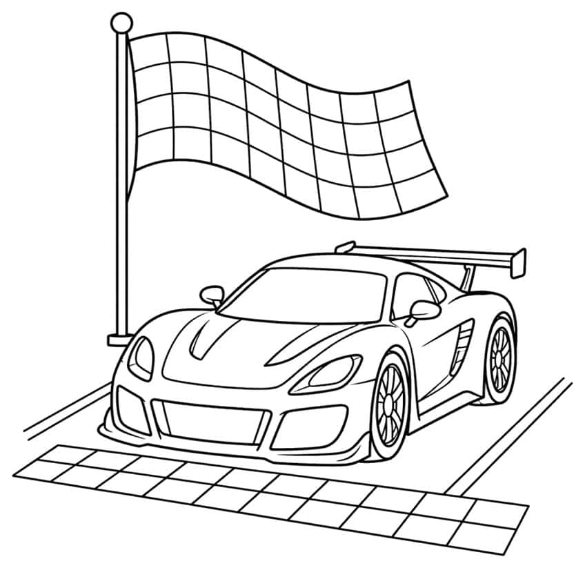 Sports race car with rear wing beside a pole with a waving checkered flag and a checkered finish strip