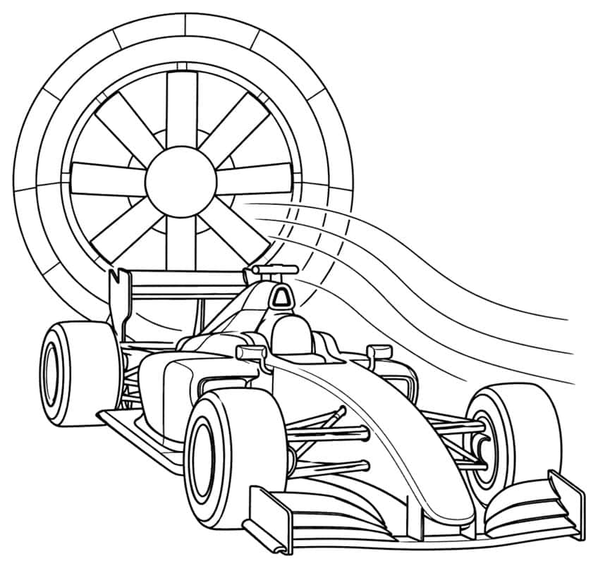Formula race car in front of a big eight-blade wind tunnel fan with curved airflow lines