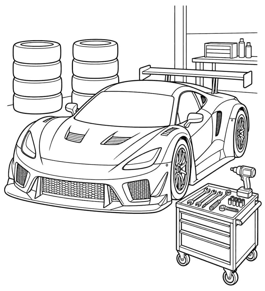 GT race car in a garage with tire stacks, a rear wing, and a rolling tool cart with wrenches and an impact driver