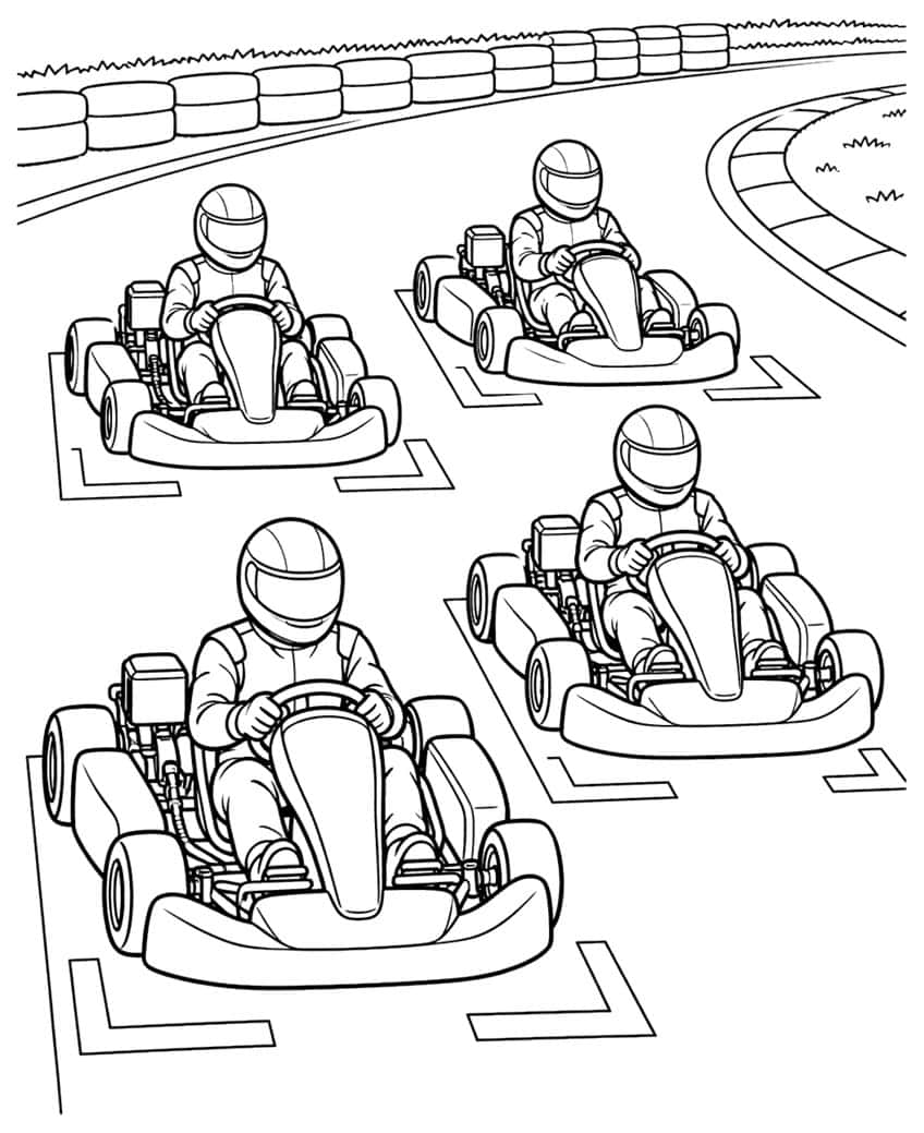 Four drivers in helmets sitting in go-karts on grid boxes, with a tire wall and curved track behind