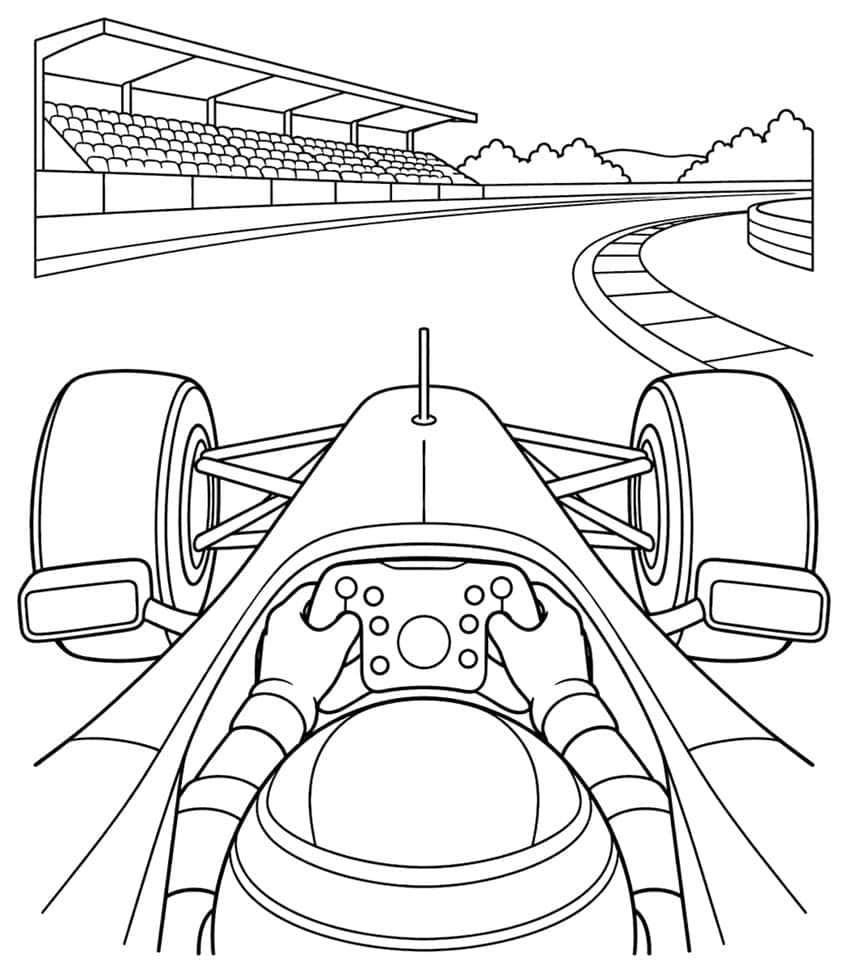 Driver's view from a formula car cockpit with steering wheel, gloves, front tires, grandstand and curved track