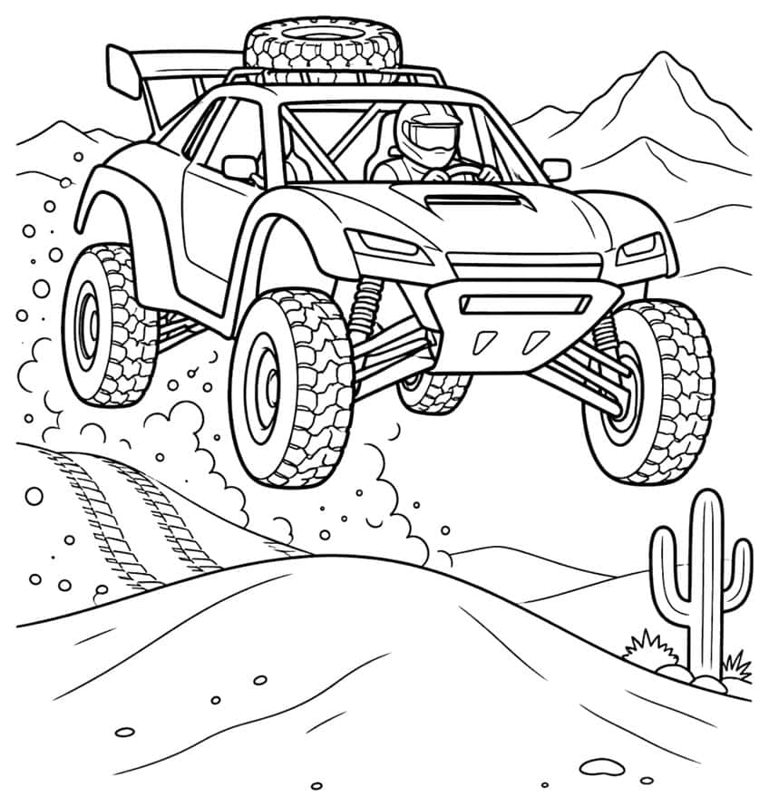 Off-road rally buggy with spare tire airborne over a sand dune, dust clouds, saguaro cactus and mountains