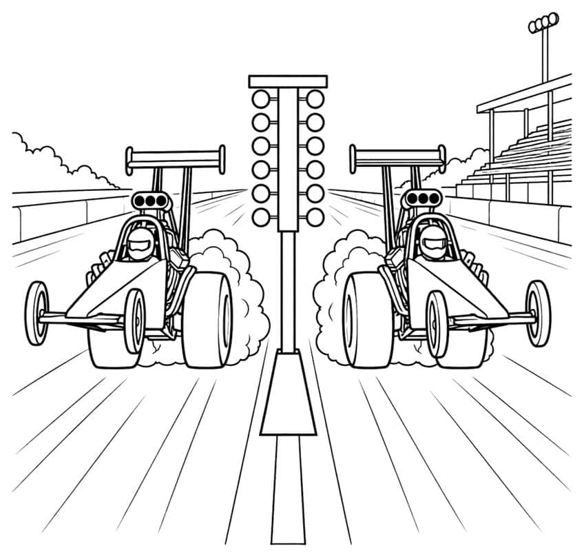 Two dragsters with rear wings and tire smoke on either side of a starting light tree, grandstand at the right