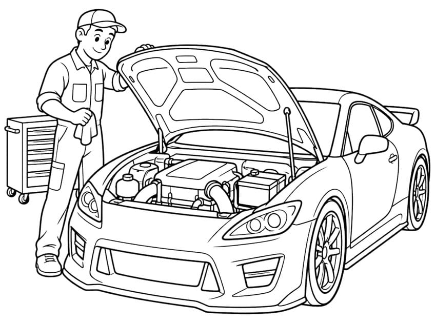 Mechanic with cap and rag beside a sports car with open hood showing the engine, and a tool chest