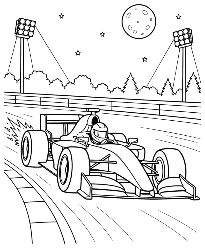 Formula race car with driver on a curved track at night, floodlights, moon, stars and trees