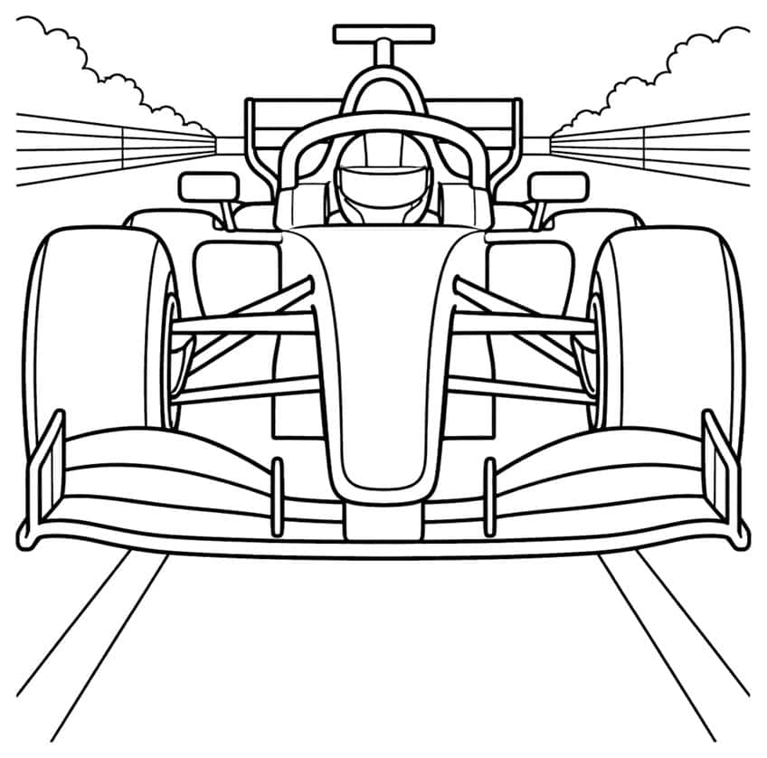 Front view of a formula race car with driver, halo, front wing, big tires and track barriers