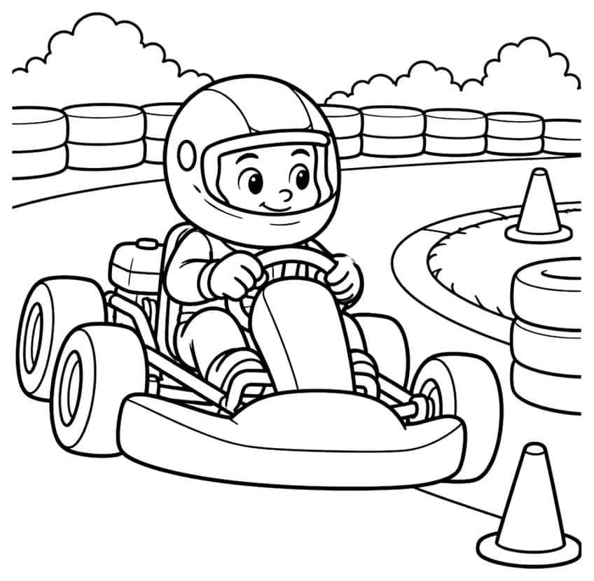 Smiling kid in helmet driving a go-kart past traffic cones, tire stacks and bushes