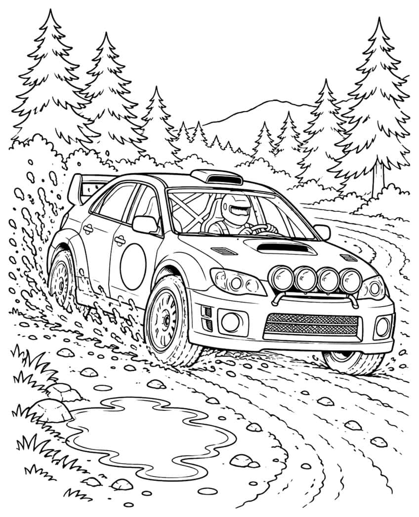 Rally car with driver sliding on a dirt road, mud spray, puddle, stones and spruce trees
