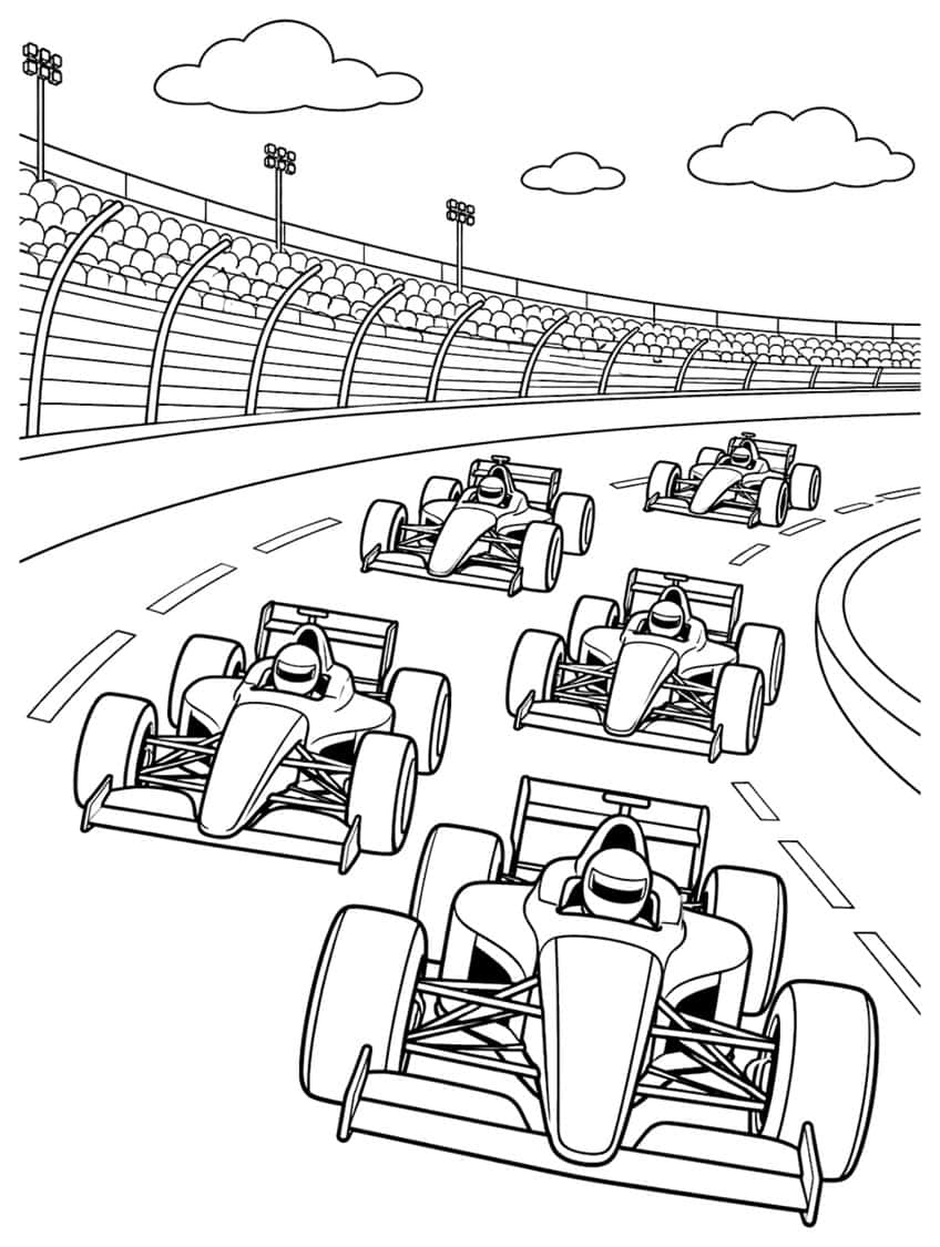 Five formula race cars on a curved oval track with grandstand, floodlights and clouds