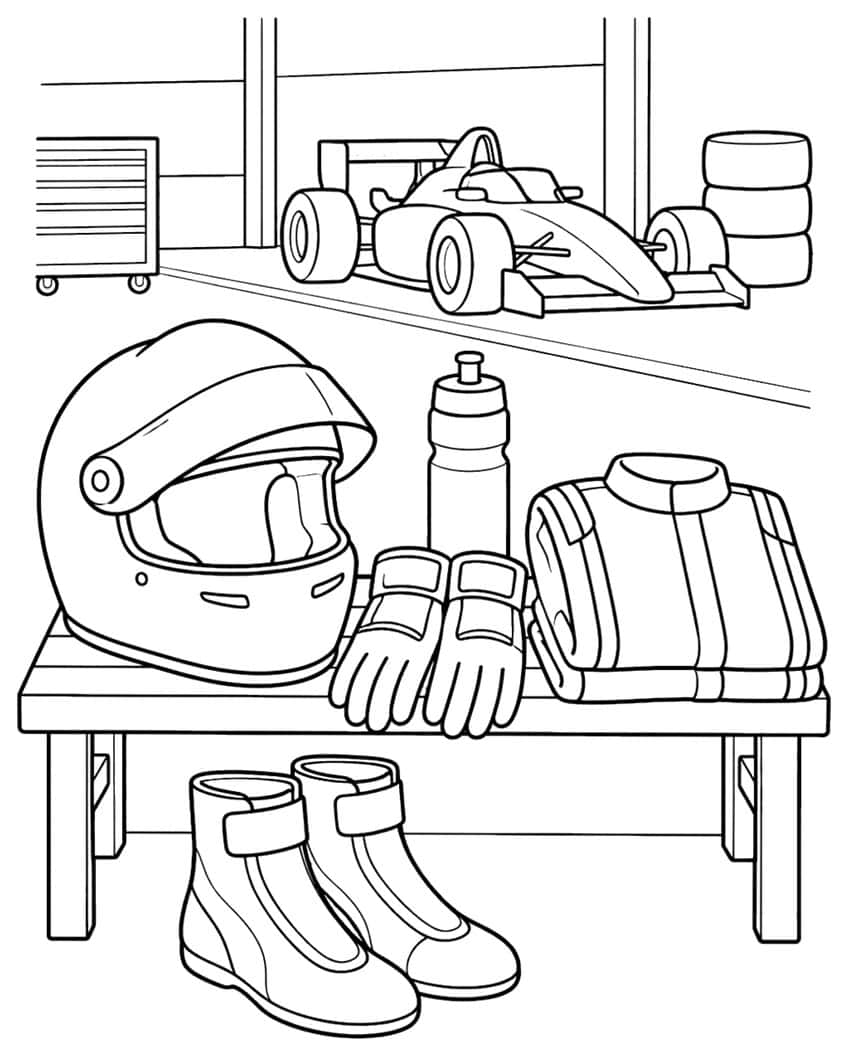 Racing helmet, gloves, bottle, folded suit and boots on a bench, formula car and tires behind