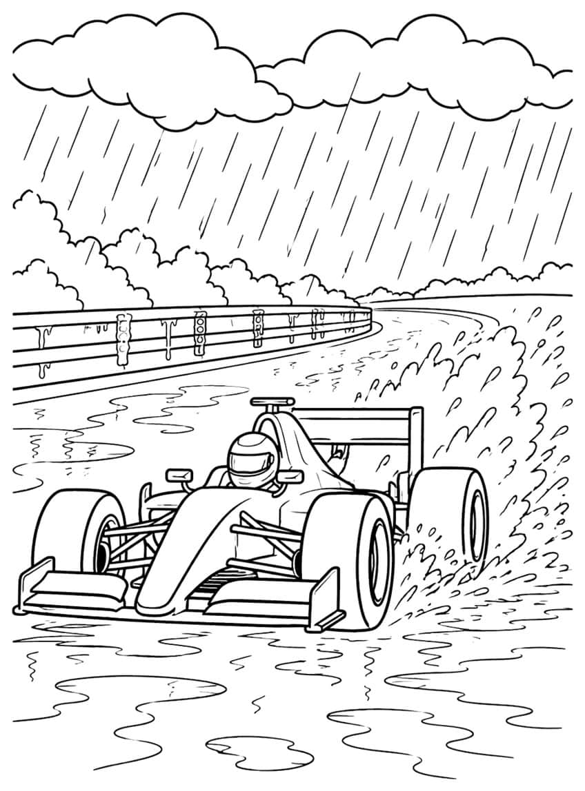 Formula car with driver splashing through puddles in the rain beside a guardrail, bushes and clouds