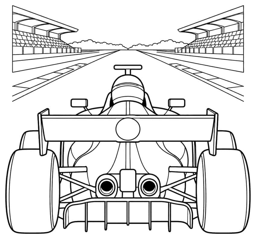 Rear view of a formula race car with wing and exhausts on a track between two grandstands
