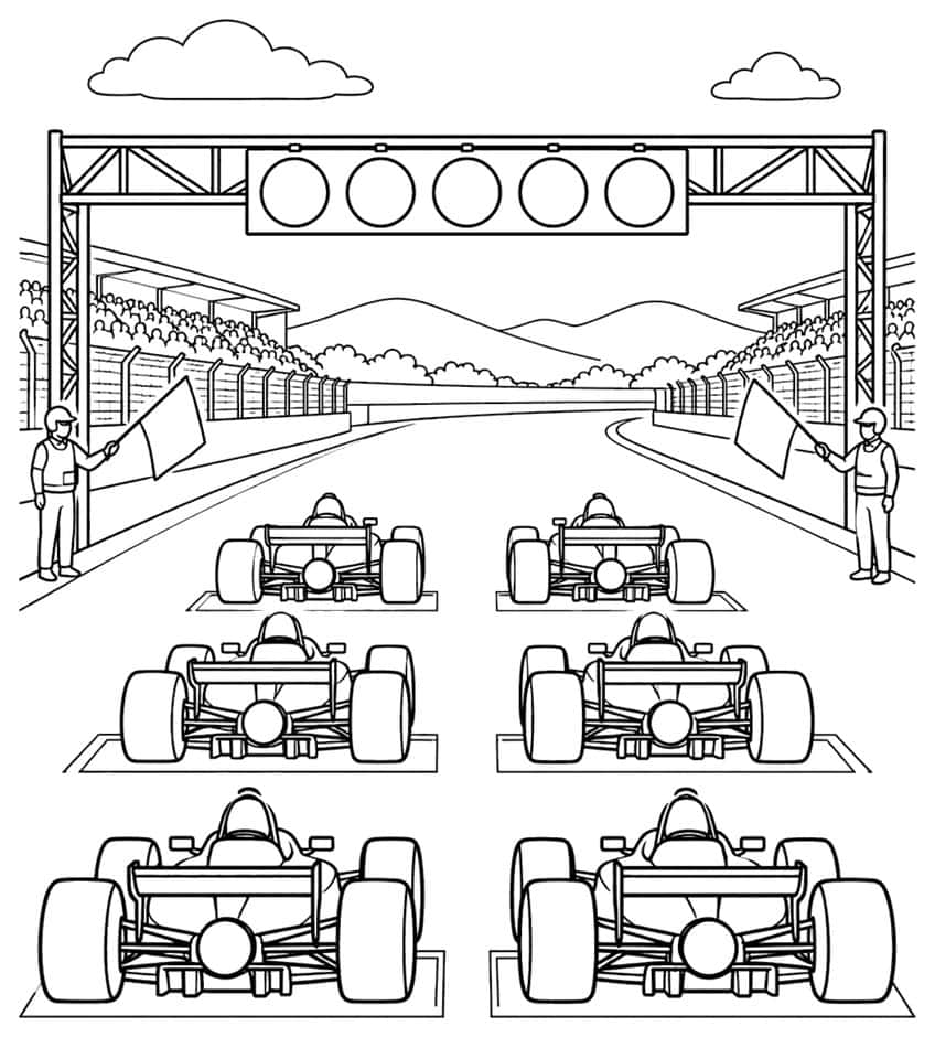 Six formula race cars on a starting grid under a five-light gantry, with two flag marshals and grandstands