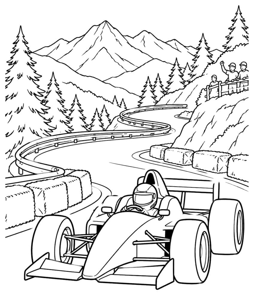 Formula car on a winding mountain road with hay bales, guardrail, pine trees, mountains and waving spectators