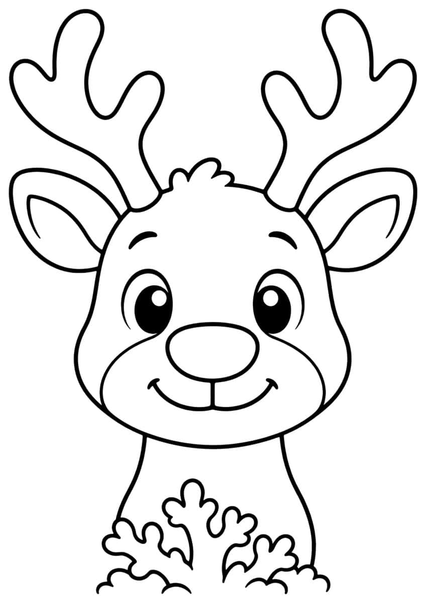 Cartoon reindeer head with big antlers, round nose, smile and leafy sprigs below