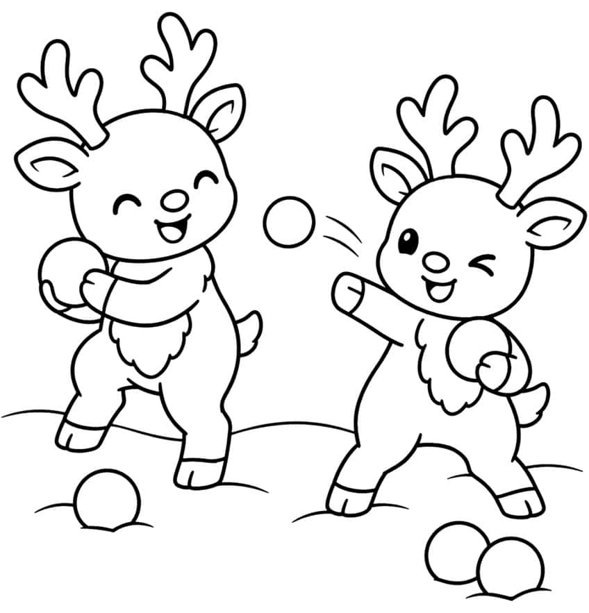 Two cartoon reindeer calves throwing snowballs, with three snowballs on the snowy ground