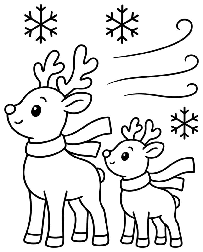 Large and small reindeer in blowing scarves with curly antlers, wind swirls and three snowflakes