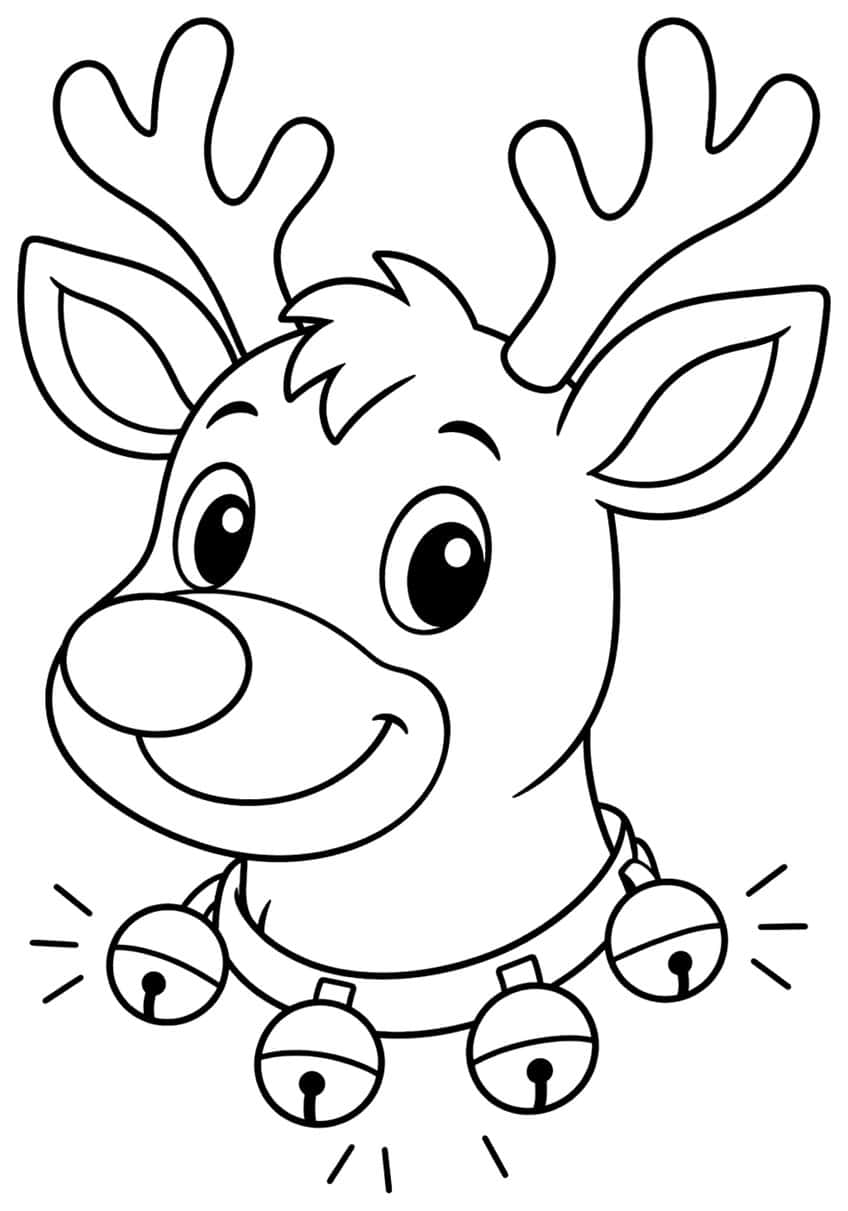Smiling reindeer head with forked antlers, big ears and a collar with four jingle bells
