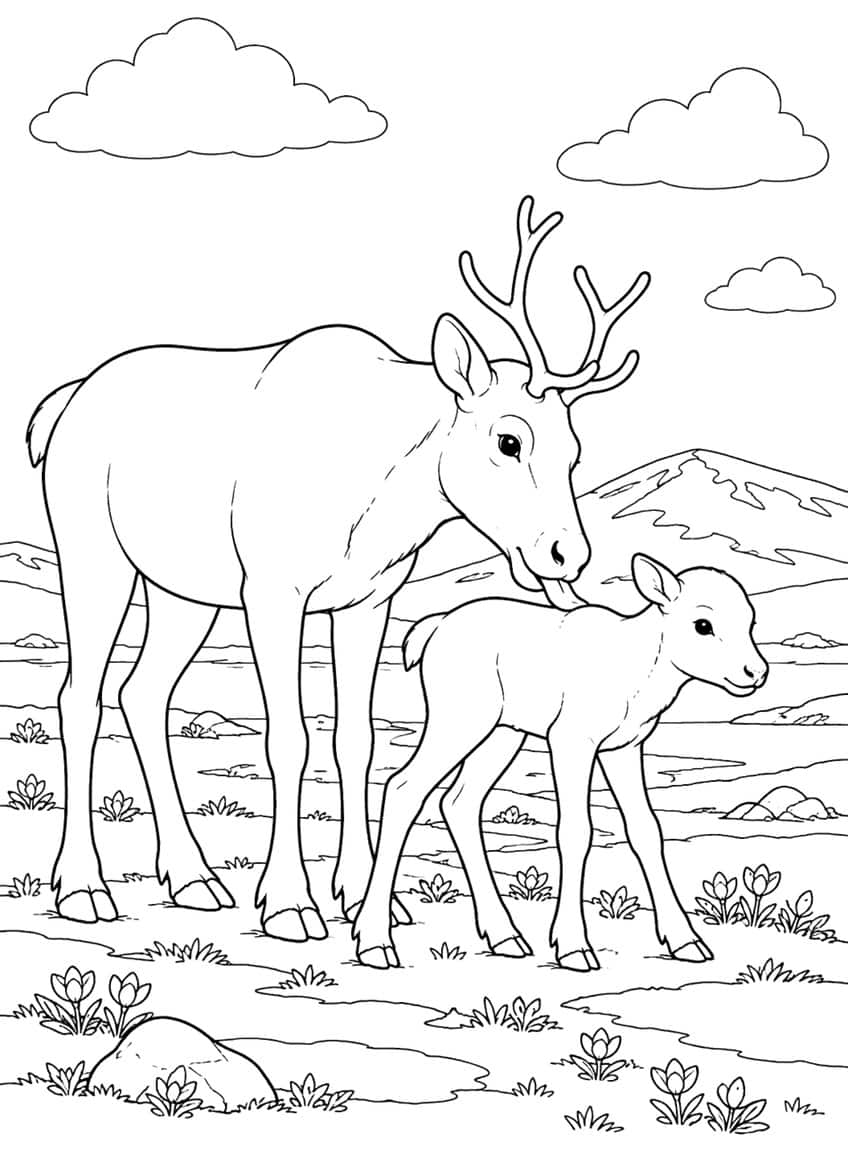 Adult reindeer licking a calf on tundra with crocuses, rocks, a mountain and clouds